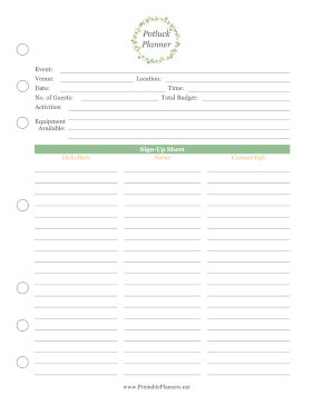 Printable Potluck Planner